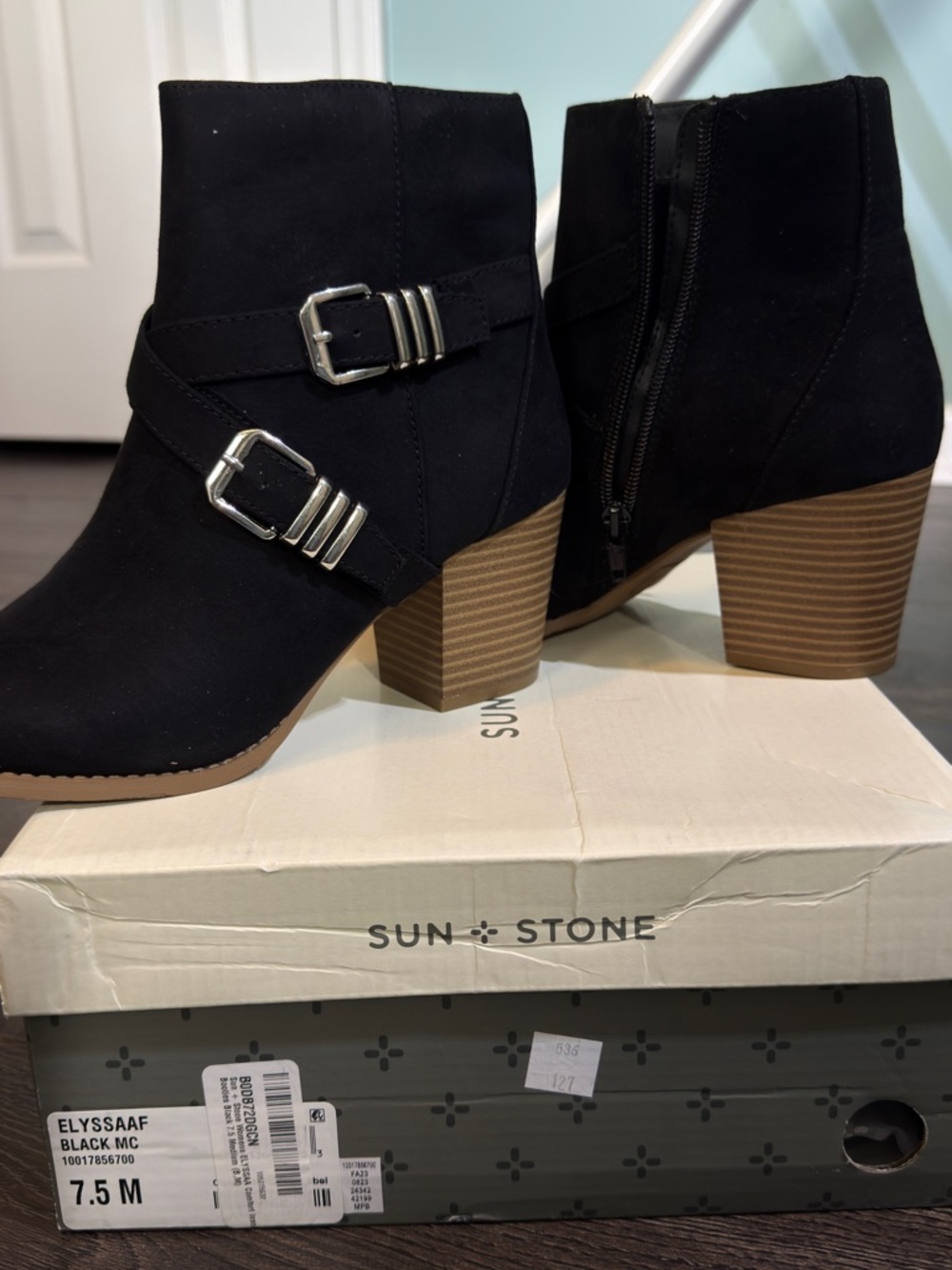 Sun + Stone Black Suede Ankle Boots with Stacked Heel